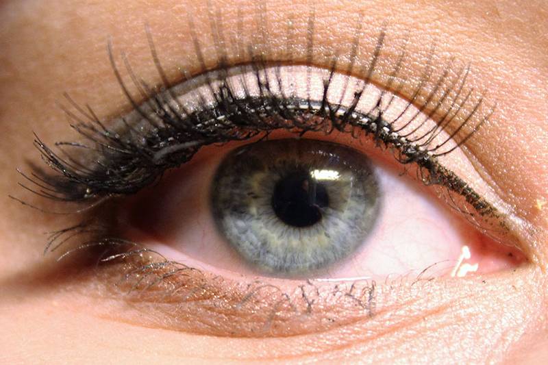 Nahaufnahme eines Auges mit perfekt geformten und gefärbten Wimpern nach einer Wimpernwelle im Arkona Strandhotel Rügen