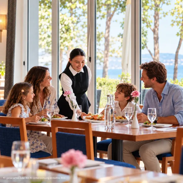 Familie mit zwei Kindern genießt eine gemeinsame Mahlzeit mit freundlichem Service im Hotelrestaurant