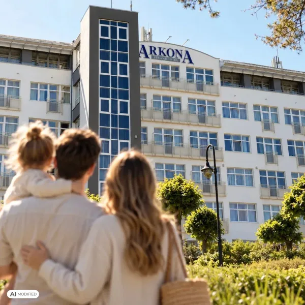 Familie mit Kind vor dem Arkona Strandhotel in Binz auf Rügen. Sonnige Außenansicht des Hotels mit Balkonen und gepflegter Grünanlage.