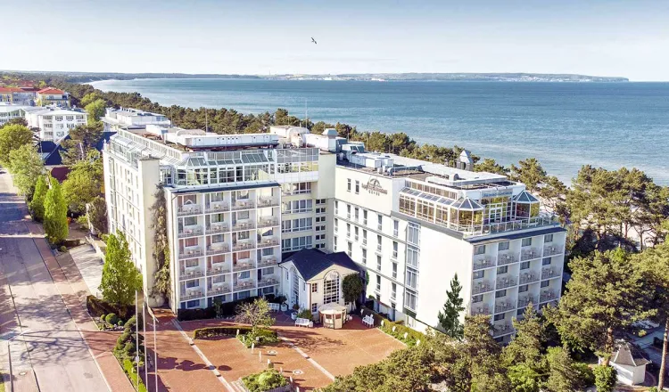 Aerial view of the Rugard Strandhotel in Binz – exclusive wellness hotel with panoramic views over the Bay of Binz