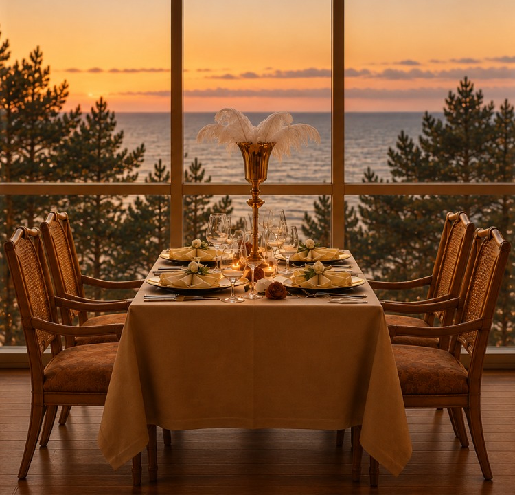 Festlich gedeckter Tisch im Panoramarestaurant des Rugard Thermal Strandhotels mit Blick auf die Ostsee