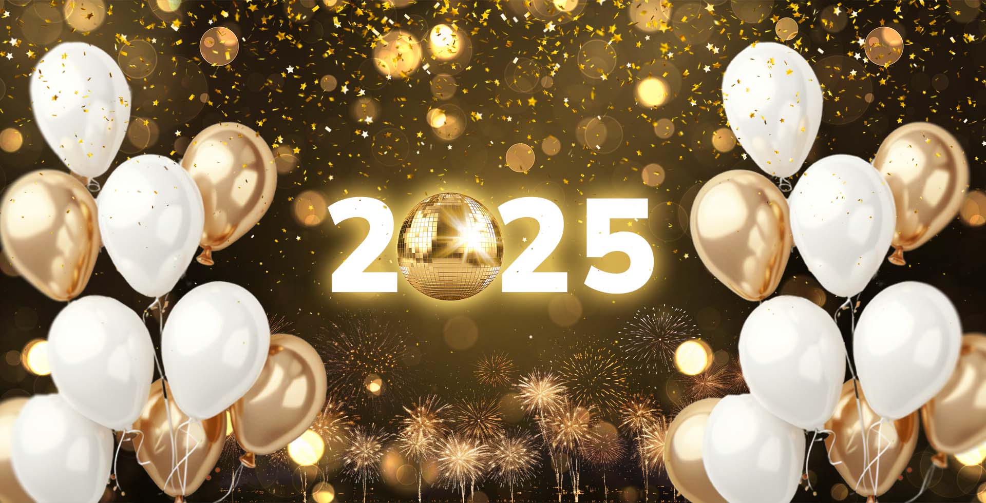 Eine Animation für Silvester 2025 mit goldenen Ballons und Glitzer.