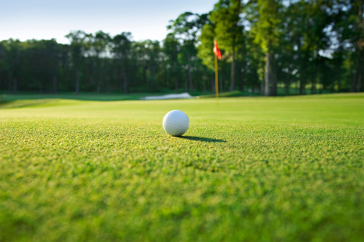 Close-up of a golf ball on a particularly green fairway during a golf vacation at the Arkona Strandhotel on Rügen.